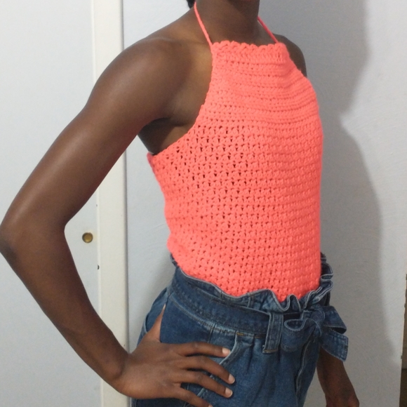 Handmade Designer Crochet Coral Halter Top - Picture 3 of 3